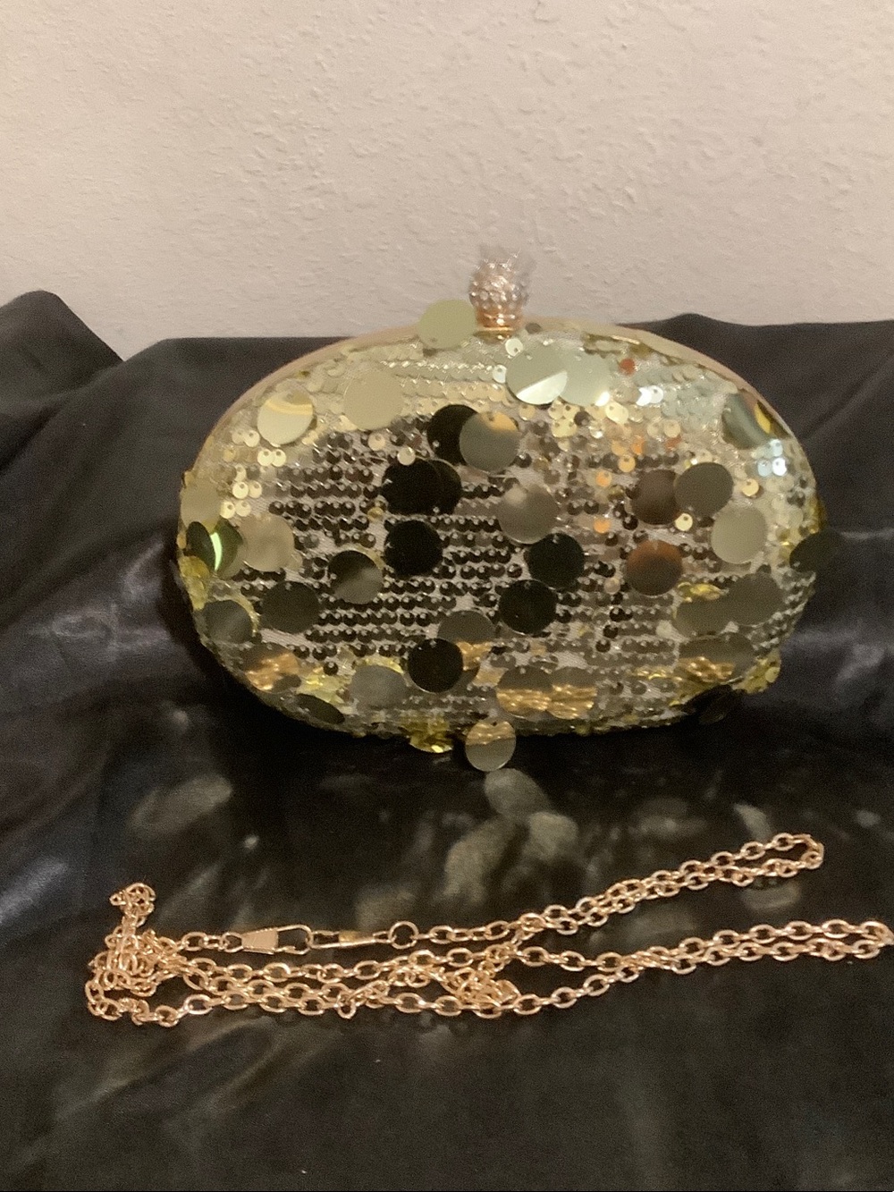 Gold Sequin Oval Clutch with Chain